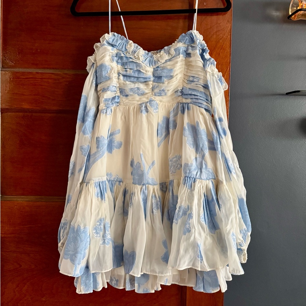 LoveShackFancy Cream and Blue Ruffled Off-the-Shoulder Dress